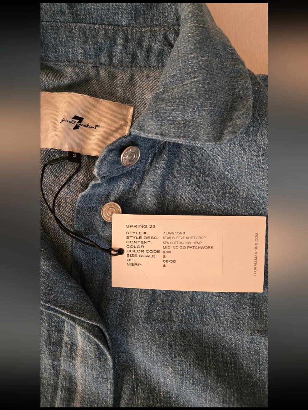 NWT 7 For All Mankind Balloon Star Sleeve Crop Denim Shirt Patchwork S - Picture 14 of 15